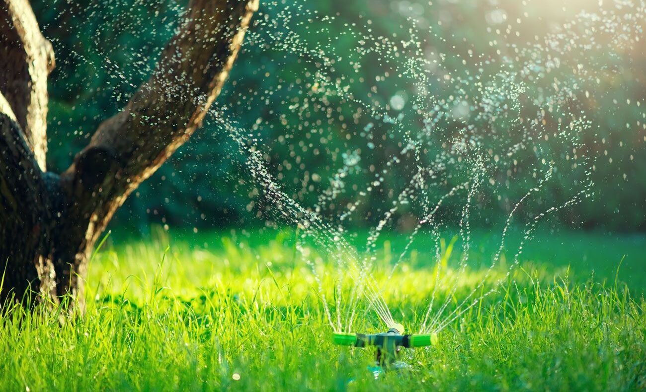 Bewässerungsanlage auf einer grünen Wiese